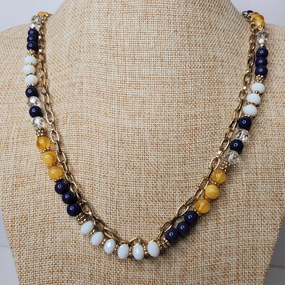 Vintage Necklace Casual Career Blue Yellow White Beaded on Plain Chain 30 Inch